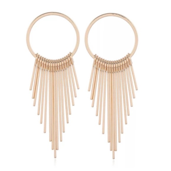 Gold Hoop Earrings Circle Ring Tassel Dangle Drop - Picture 9 of 9